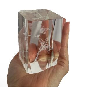 3D Laser Etched Glass Hummingbird Flower Crystal Cube Paperweight Holographic